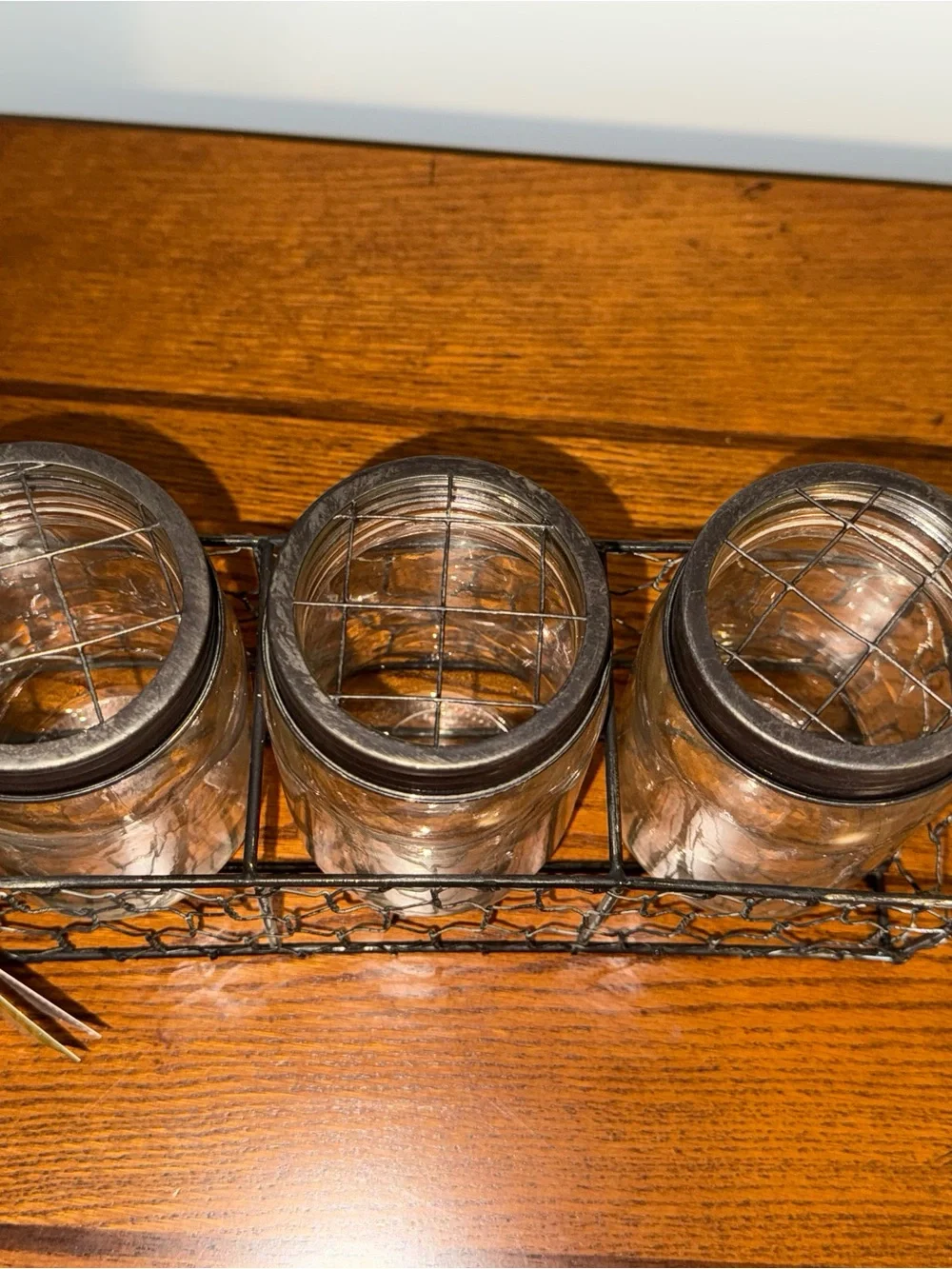 Ashland Clear Glass Mason Jar Trio with Dark Brown Lids and Wire Holder